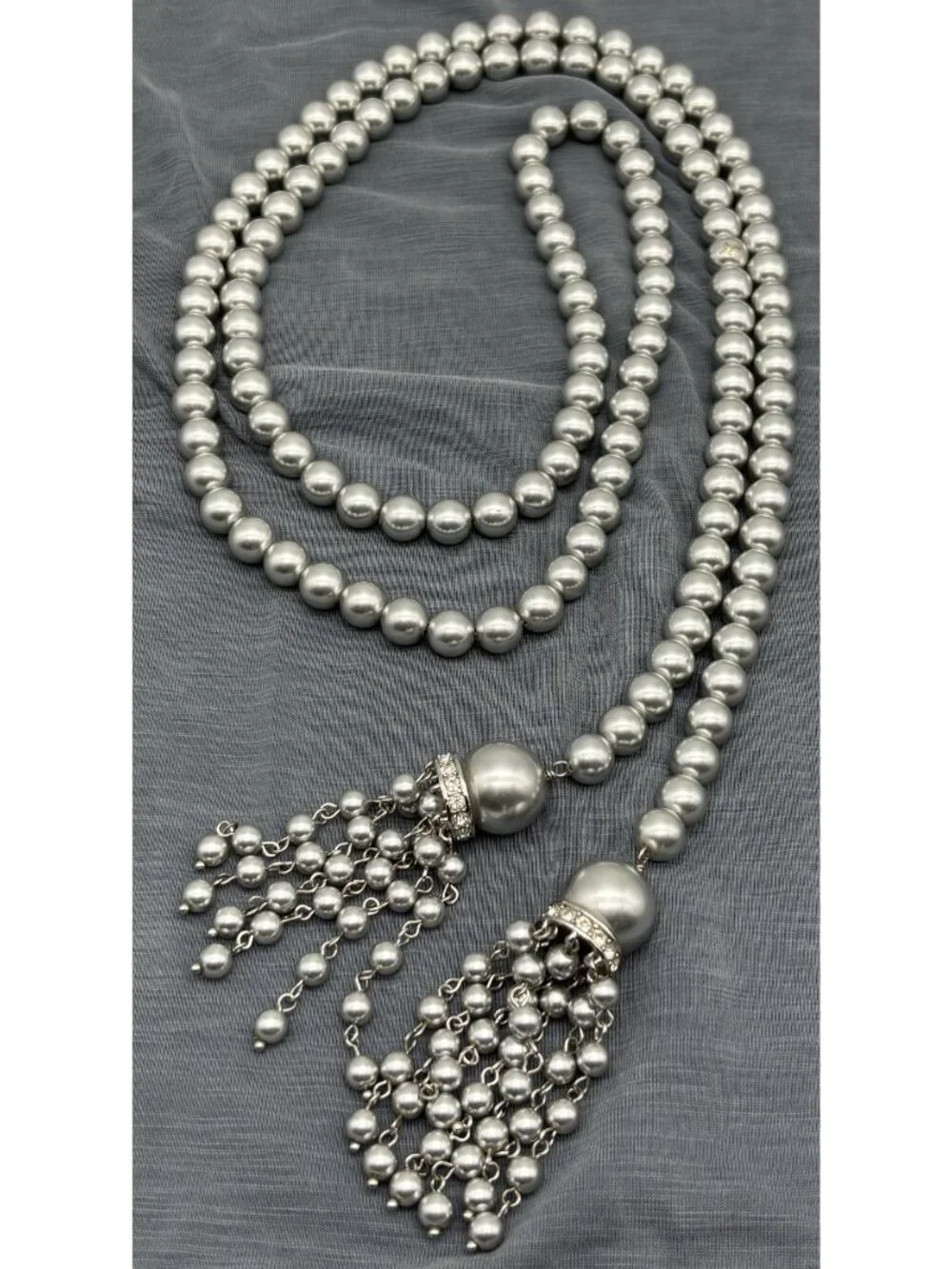 Faux Pearl and Crystal Lariat Necklace Belt Double Tassels Silvery Gray Unsigned